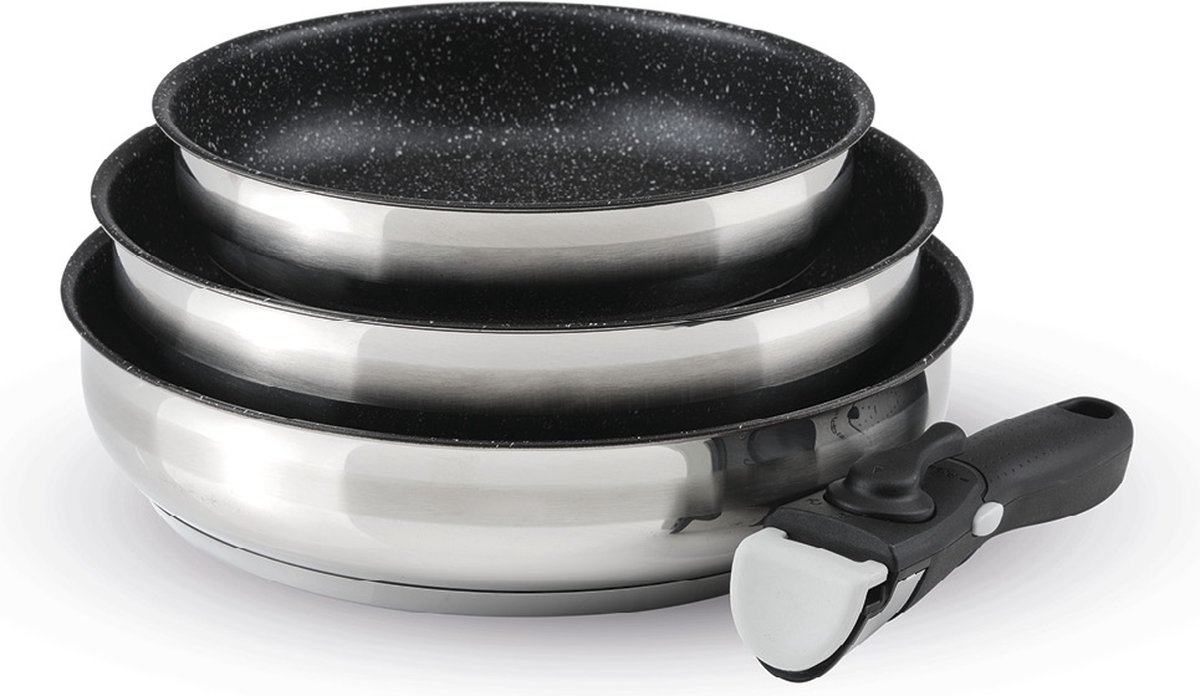 Set van 3 braadpannen in roestvrij staal non-stick coating met afneembaar handvat - Zilver / Zwart