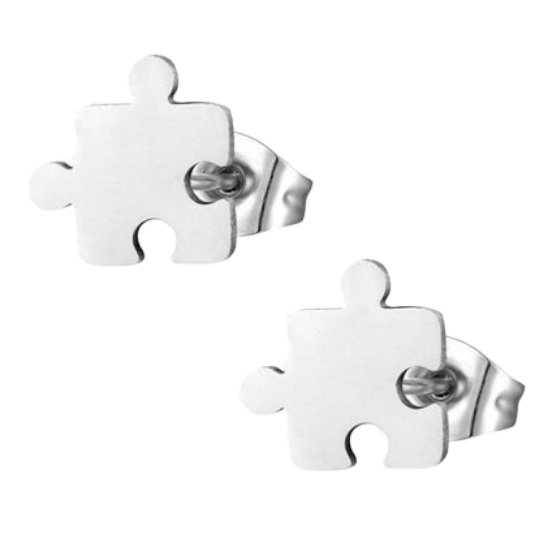 Foto: Aramat jewels puzzelstuk serie oorknopjes puzzelstuk zilverkleurig staal 8mm stainless steel rvs unieke puzzelstuk oorbellen origineel design man vrouw perfect cadeau feestdagen