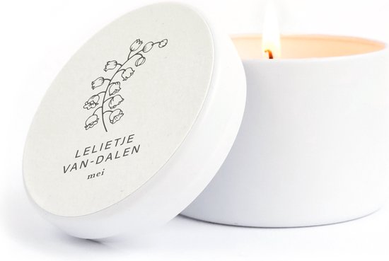 Maan Amsterdam - Geurkaarsje - Geboortebloem mei in wit blikje - 100% vegan soja was - cadeau kaars