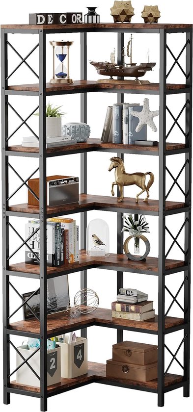 Tribesigns Boekenkast - Hoek boekenkast met 7 Planken - Industrieel Grote Hoekplank - Spaanplaat - Bruin/Zwart - 60 x 60 x 200 cm