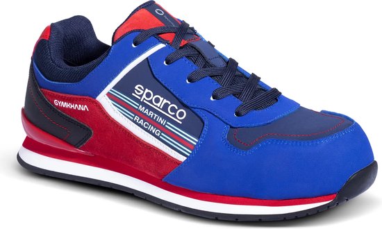 Basse sneaker bleu et rouge avec des accents blancs et rouges. Logo "Sparco Martini Racing" sur le côté. "Gymkhana" à l'arrière.