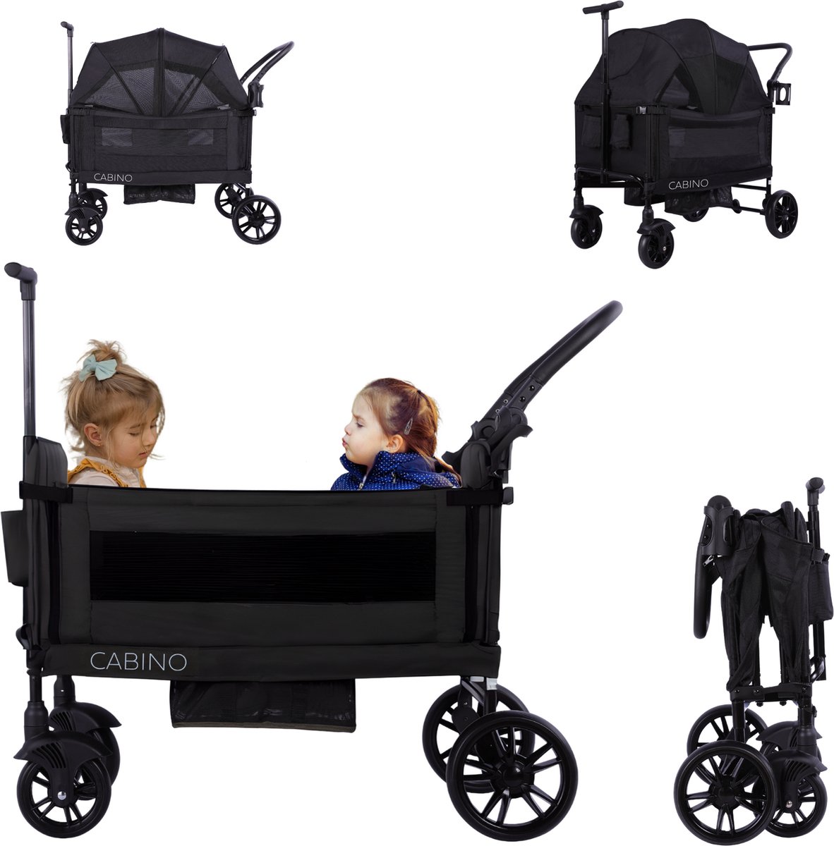 Cabino Waggie Bolderkar Opvouwbaar Met 2 Zitjes – Inclusief Duwstang, Trekbeugel & Drinkbeker – Max. 44 kg - Zwart