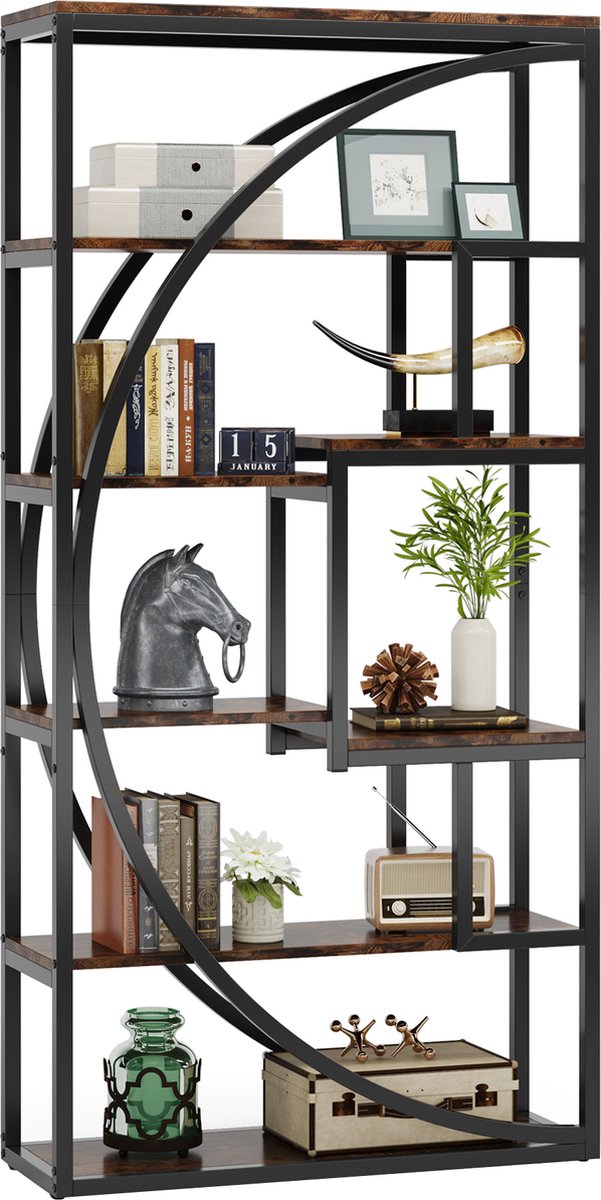 TRIBESIGNS - Boekenkast - Boekenrek met 5 Planken - Industrieel Vintage - Geometrisch Ontwerp - Bruin/Zwart - 80 x 30 x 180 cm