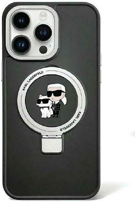 Karl Lagerfeld Ring Stand Karl & Choupette Coque arrière rigide avec MagSafe pour Apple iPhone 15 Plus/ 14 Plus - Zwart