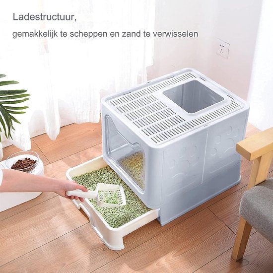 Kattentoilet, Grote Opvouwbare Kattenbak met Deksel, Bodemschaal en Schep, geschikt voor katten van alle leeftijden-50 * 35 * 38 CM-grijs
