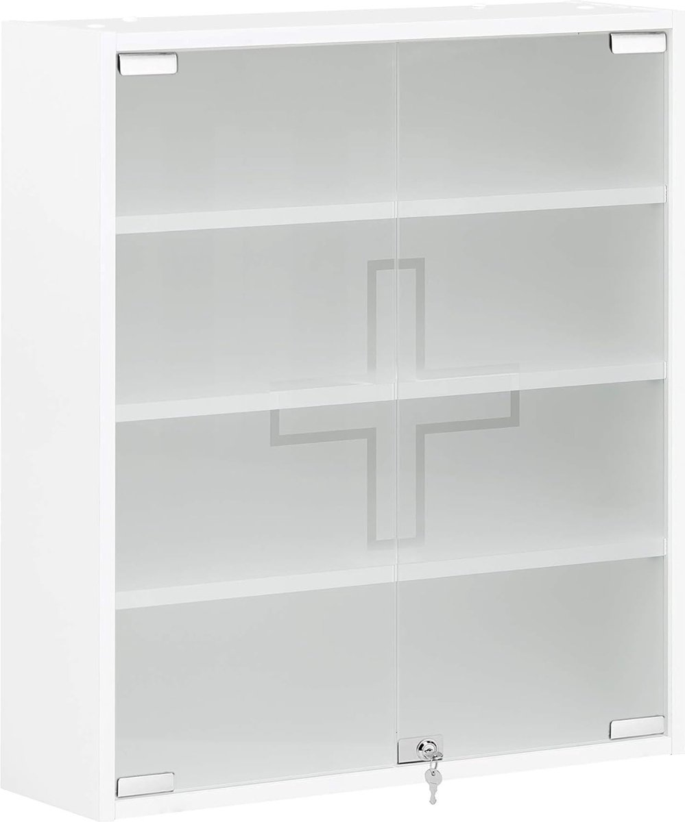 medicijnkastje met dubbele glazen deur, afsluitbaar EHBO-kastje, Medicijnkastje, houtmateriaal, 71,5 x 64,2 x 19,6 cm