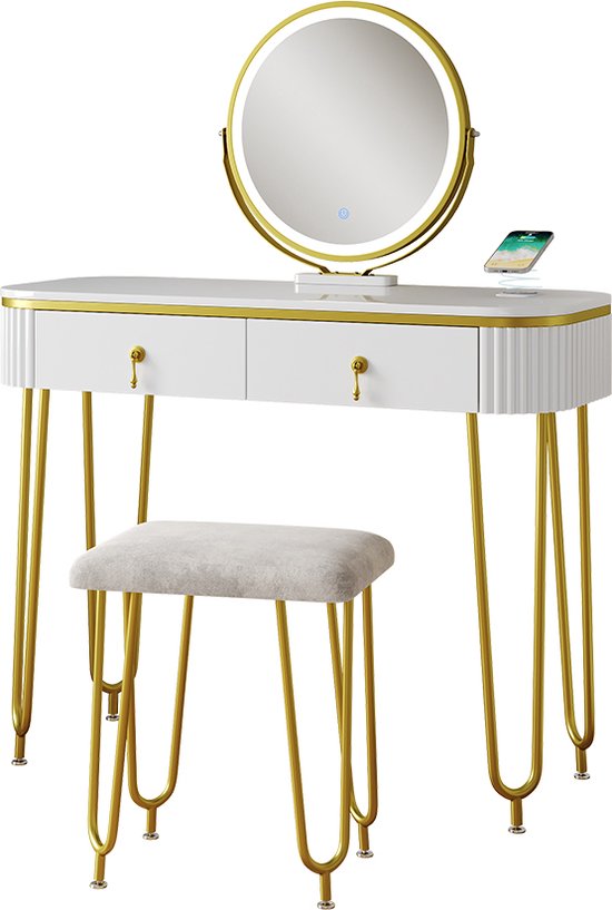 Coiffeuse Layla Blanc Gris Avec Miroir LED Et Tabouret - Vicco, Design Moderne Pour Ado