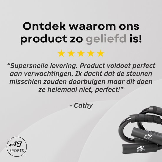 Zwarte opdruksteunen op een lichte achtergrond met tekst van een klantbeoordeling en sterren.