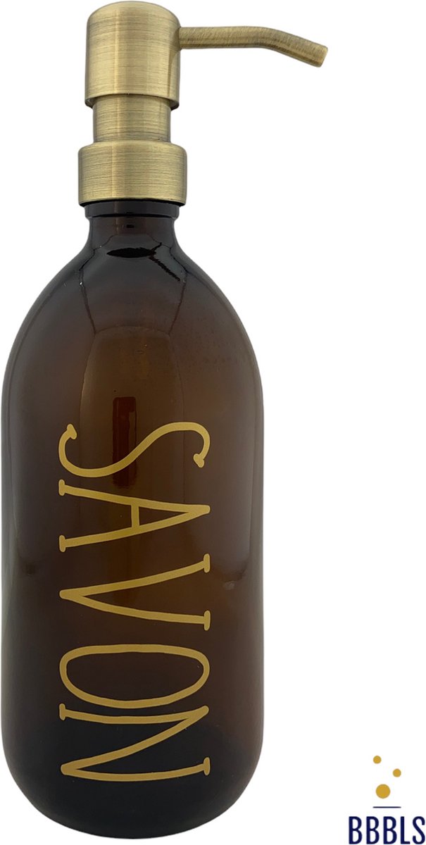 BBBLS® Design Dispenser "Savon" | Bruin Glas | 500ml | RVS / Metaal Pomp Goud | Zeeppomp | Zeepdispenser | Zeephouder