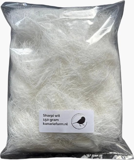 Zak met 150 gram witte Sharpie katoenvezels van Kanariefarm.nl, ideaal nestmateriaal voor binnen- en buitenvogels.