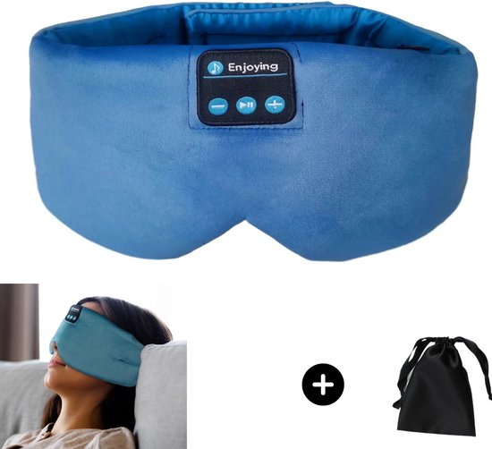 Slaapmasker Bluetooth – Oogmasker voor slapen - Dunne Speakers - Zachte Ademende Stof (fluweel/zijde) - Hoofdtelefoon Draadloos - Volledig Verstelbaar – Ideaal voor zijslapers - HD Stereogeluid - Donker blauw - NL handleiding + Opbergtasje