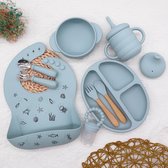 Baby Silicone Feeding Set (10 PCS), Silicone & Wooden Handle Spoon & Fork / Suction Silicone Baby Feeding Bib/ Plate / Bowl / Drink Cup with two suitable Lids with and without Straw/ Feeder / High Quality Silicone / BPA Free