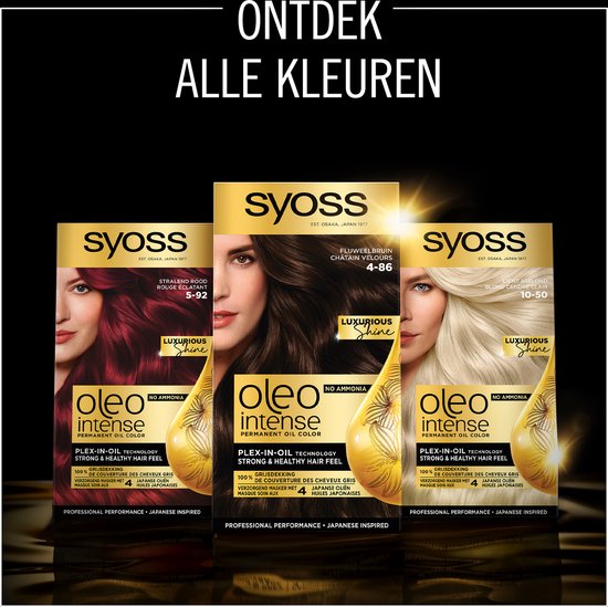 Drie Syoss Oleo Intense haarverpakkingen: een donkerrode, een bruine en een blonde tint. Allemaal met "Luxurious Shine" en "No Ammonia".