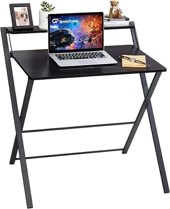 SHOP YOLO-computer bureau-Opvouwbaar Bureau Geen Montage Vereist-Klein Formaat-met 2-Tier plank-Studietafel-Laptop Opvouwbare Tafel voor-zwart