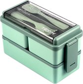 Lunchbox - Broodtrommel - Bentobox van 1400 ml- Met servies en vakjes x3 - Groen
