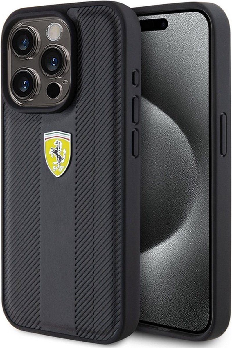 Ferrari Hot Stamp Groove Pattern Back Case - Geschikt voor Apple iPhone 15 Pro (6.1") - Zwart