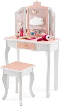 SureDeal® - Make-Up tafel - Kinderen - Kaptafel - Met Krukje - 2-In-1 - Bureau - Spiegels - Roze - 59x29x99 cm cm - Speelgoed - Meisje - Cadeau