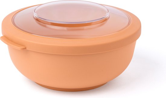 Bol déjeuner amuser orange avec un couvercle orange clair sur fond blanc.