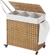 Hoppa! Panier à linge, panier à linge tissé à la main, style rotin 140L avec 3 compartiments, doublure amovible, poignées, couvercle, pour salon, salle de bain, 26 x 13 x 23,6 pouces, naturel