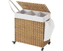 Hoppa! Wasmand | 140 L | Rotanlook met 3 vakken | Uitneembare voering | Handgrepen en deksel | 66 x 33 x 66 cm (L x D x H)