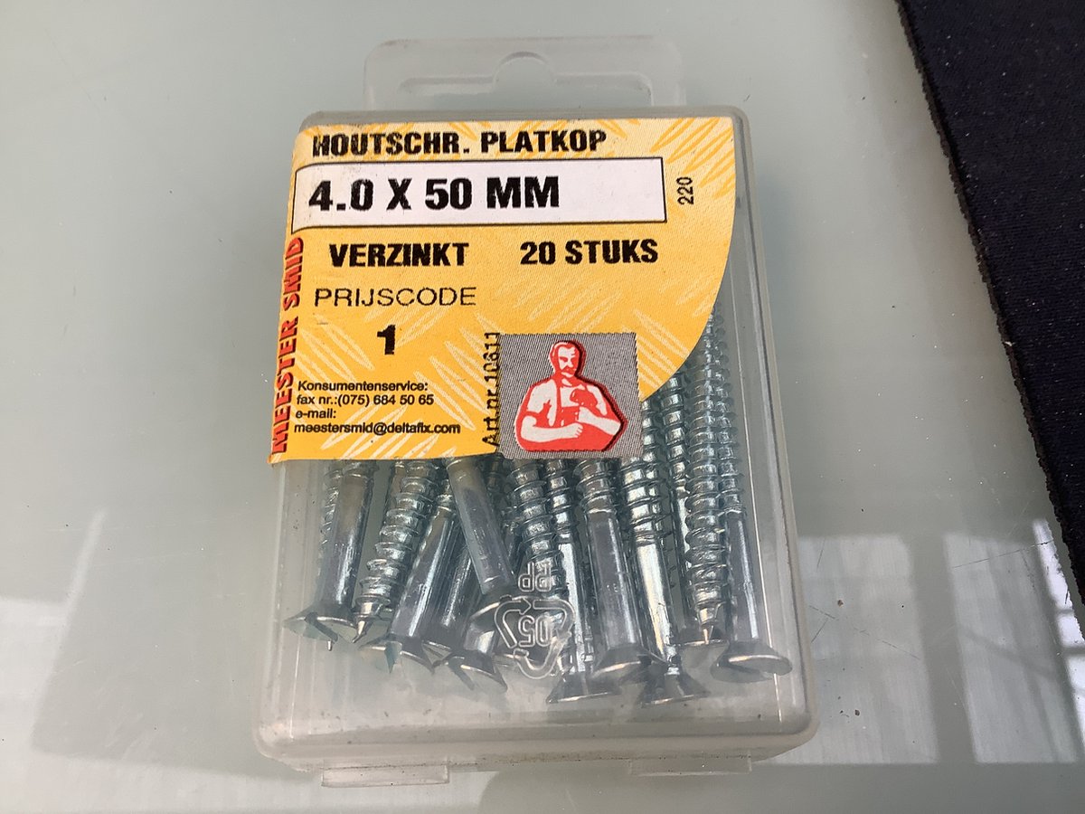 Houtschroef gleufkop. 4.0 x 50 mm. Lang. Platkop. Verzinkt. 20 stuks meestersmid.