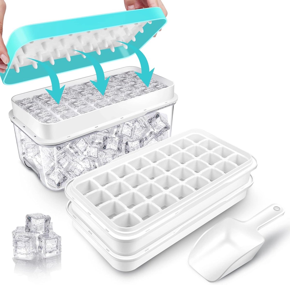 IJsblokjeshouder met deksel en container, 64 stuks ijsblokjes, eenvoudig drukken om het ijs los te maken, cocktail, whiskey, koffie, 2 schalen, 1 ijsemmer en schep (blauw)
