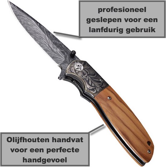 Damascus vouwmes met clip, VG10 stalen kern en houten handvat