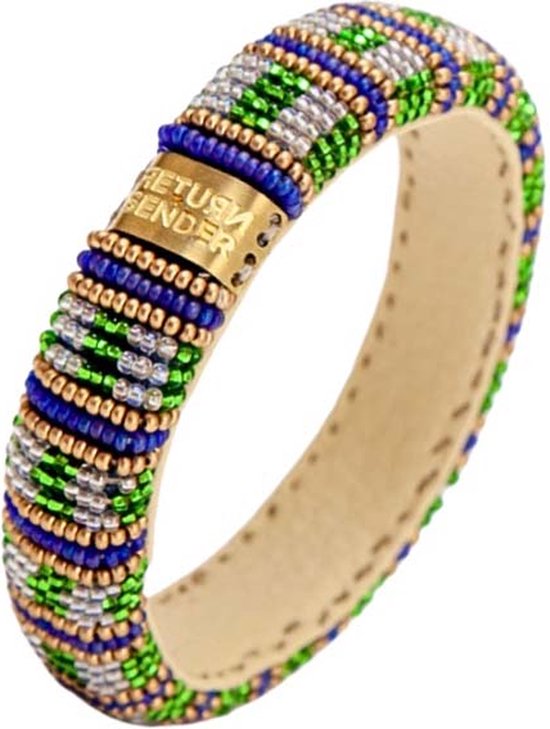 Return to Sender | Armband smal blauw wit met groene strepen met glazen kralen - kralenarmband Ø 7 cm