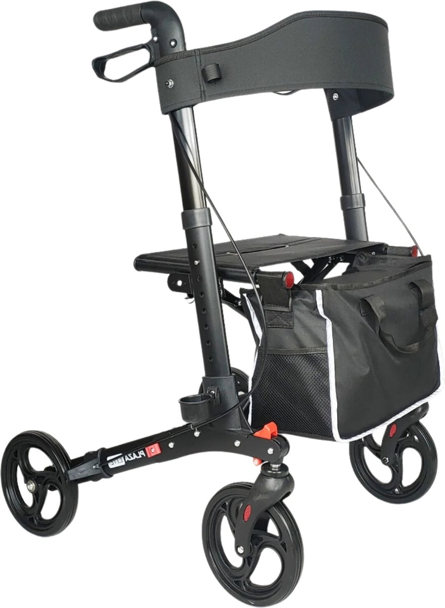 Rollator Plaza Lite - Lichtgewicht - Drie dubbel opvouwbaar - Anti-lek banden Soft Banden - Past in elke auto - Weegt 6,9 kg - Zwart - Inclusief boodschappentas, stokhouder en rugsteun