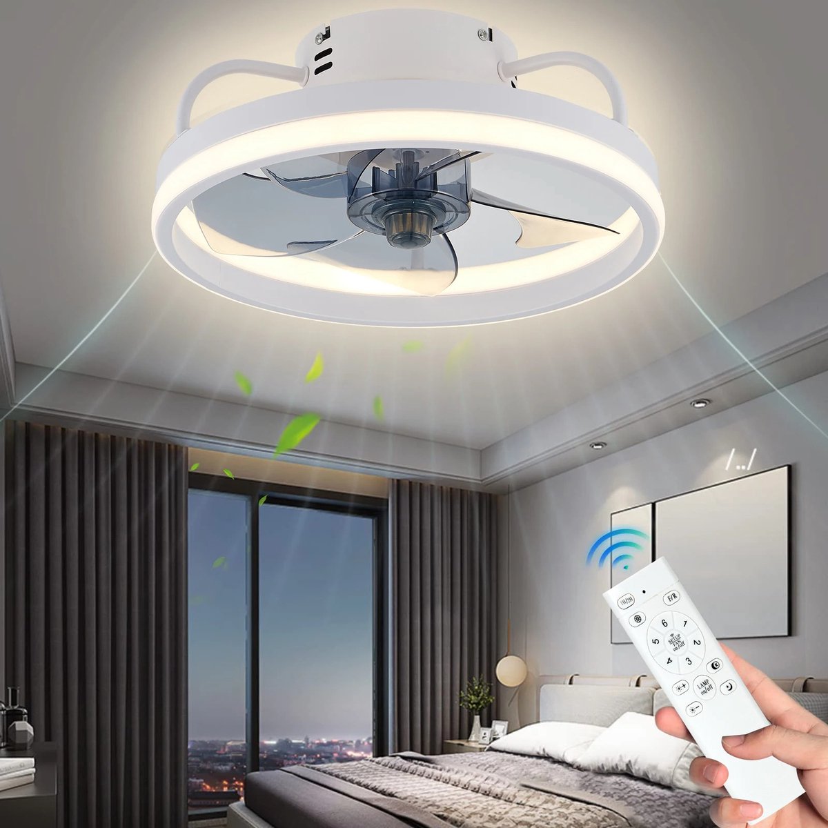 REYLAX 50CM E27 LED Plafondventilator Met Verlichting En Afstandsbediening, 6 Snelheden, 3 Kleuren Temperatuur Dimbaar, 2000 Lumen, 1H/2H/4H Timer, Voor Slaapkamer Keuken Garage Kantoor