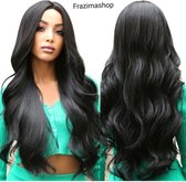 Frazimashop- Hittebestendige hoge kwaliteit pruiken - Golven Synthetisch wigs- Zwarte Pruik - Pruiken Dames Lang Haar - Wig - Golvend Zwart - 75 cm
