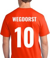 Oranje voetbal EK/WK-shirt met rugtekst Wegdorst + NL Leeuw op borst (wit) | Maat XL | Oranje EK/WK-shirt Heren - Oranje EK/WK-shirt Dames - Grappig Oranje shirt