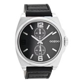 OOZOO Timepieces - Zilverkleurige horloge met zwarte leren band - C6759