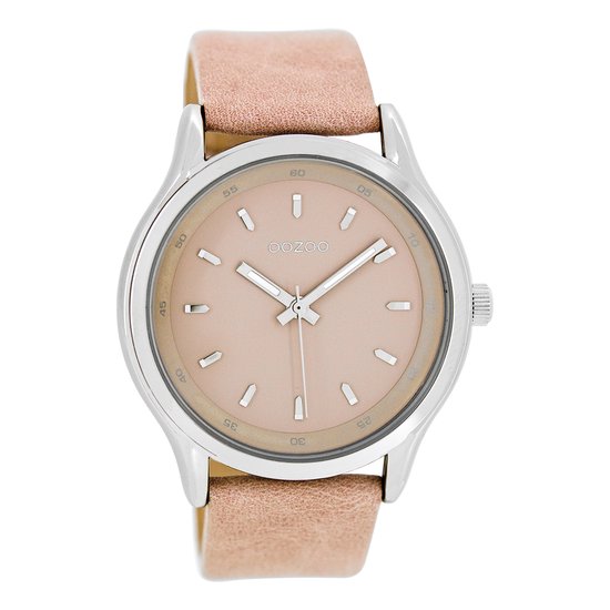 OOZOO Timepieces - Zilverkleurige horloge met roze leren band - C7436