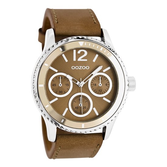 OOZOO Timepieces - Zilverkleurige horloge met bruine leren band - C5677