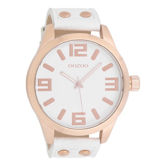OOZOO Timepieces - Rosé goudkleurige horloge met witte leren band - C1100