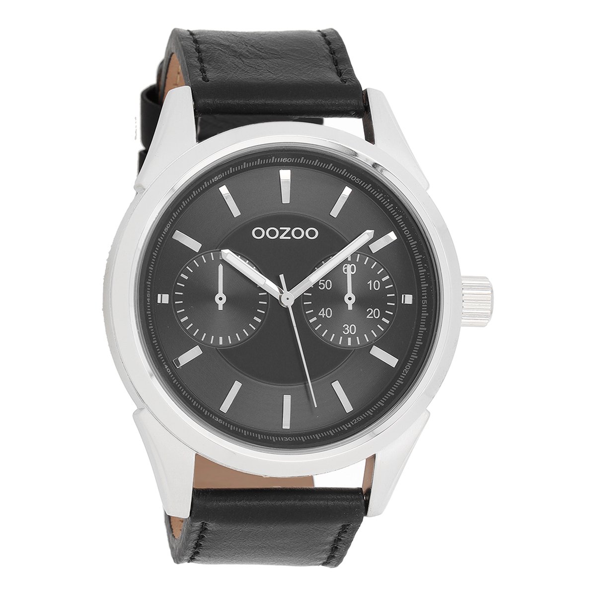 OOZOO Timepieces - Zilverkleurige horloge met zwarte leren band - C8594