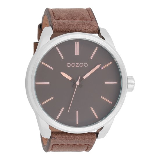 OOZOO Timepieces - Zilverkleurige horloge met donker bruine leren band - C7073