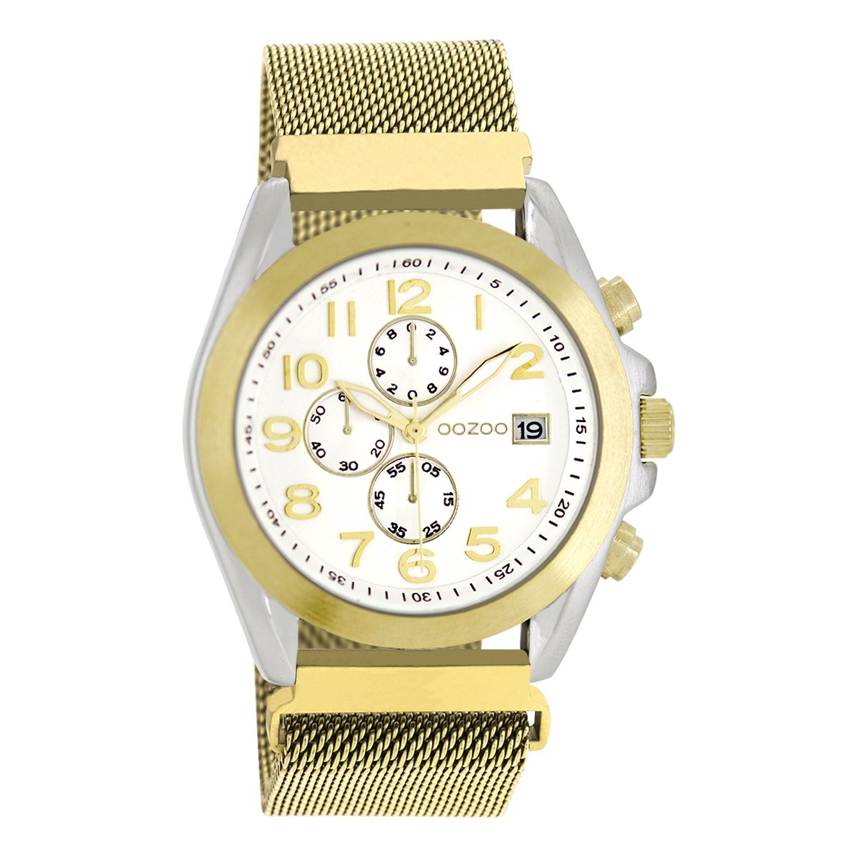 OOZOO Timepieces - Zilverkleurige horloge met goudkleurige metalen mesh armband - C10730
