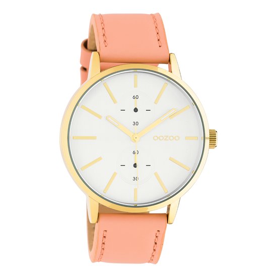 OOZOO Timepieces - Goudkleurige horloge met poeder roze leren band - C10588