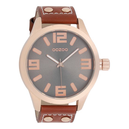 OOZOO Timepieces - Rosé goudkleurige horloge met cognac leren band - C1106