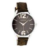 OOZOO Timepieces - Zilverkleurige horloge met donker bruine leren band - JR283