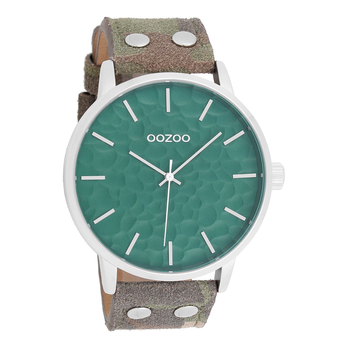 OOZOO Timepieces - Zilverkleurige horloge met camouflage leren band - C10460