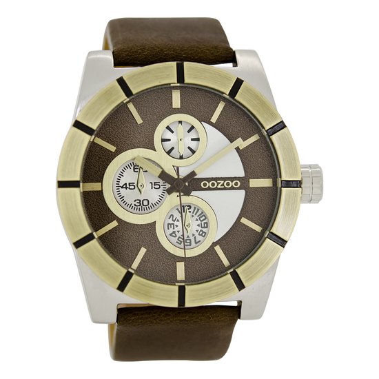 OOZOO Timepieces - Zilverkleurige horloge met donker bruine leren band - C6433