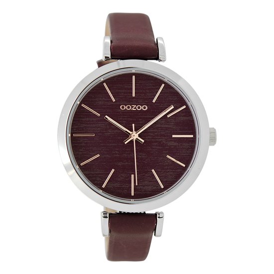 OOZOO Timepieces - Zilverkleurige horloge met bordeaux rode leren band - C9137