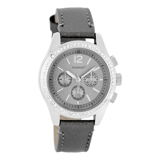OOZOO Timepieces - Zilverkleurige horloge met donker grijze leren band - JR183