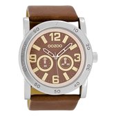 OOZOO Timepieces - Zilverkleurige horloge met bruine leren band - C8306