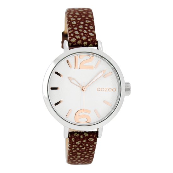 OOZOO Timepieces - Zilverkleurige horloge met bordeaux rode leren band - JR271