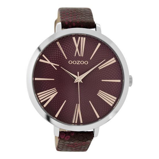 OOZOO Timepieces - Zilverkleurige horloge met bordeaux rode leren band - C9171