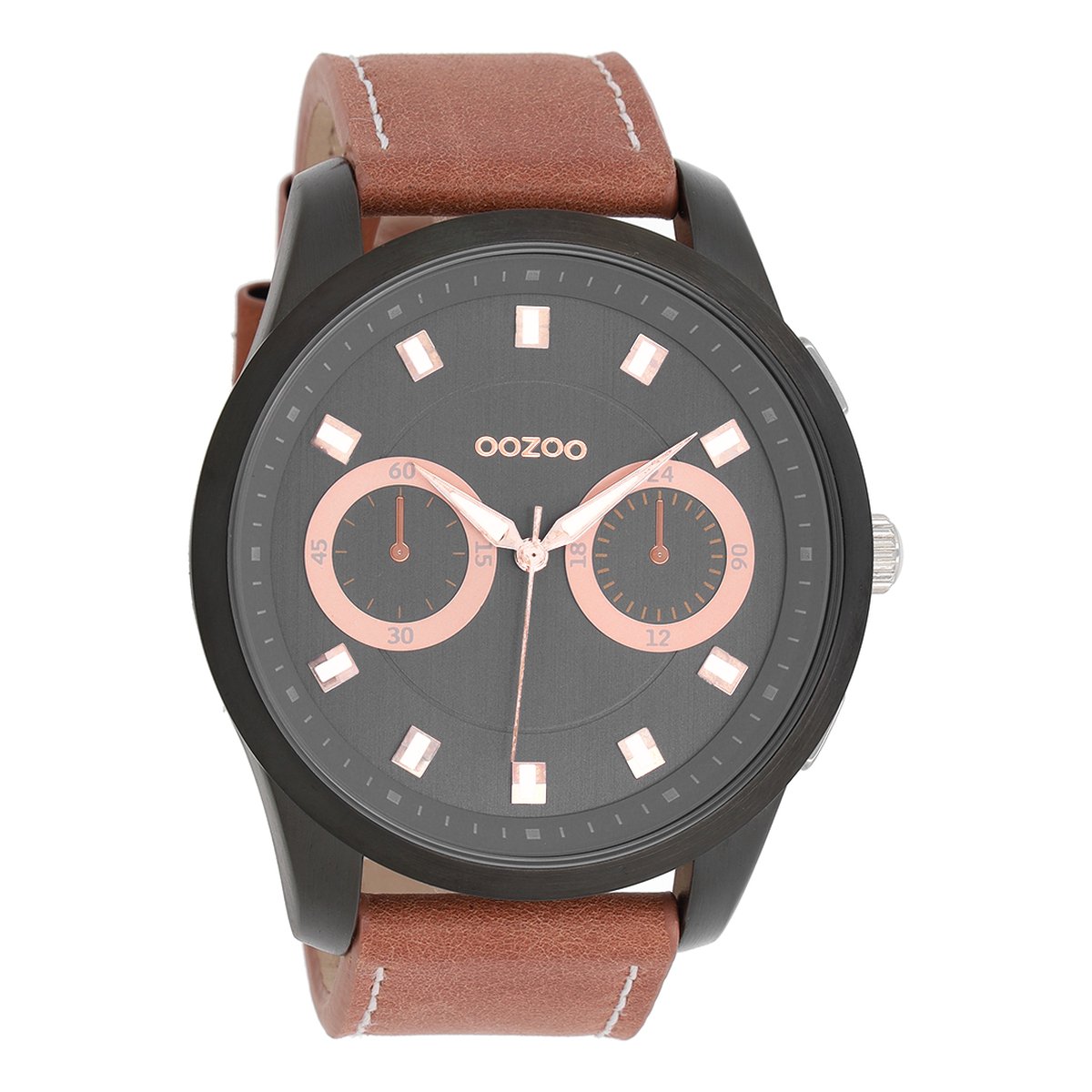 OOZOO Timepieces - Zwarte horloge met bruine leren band - C8208